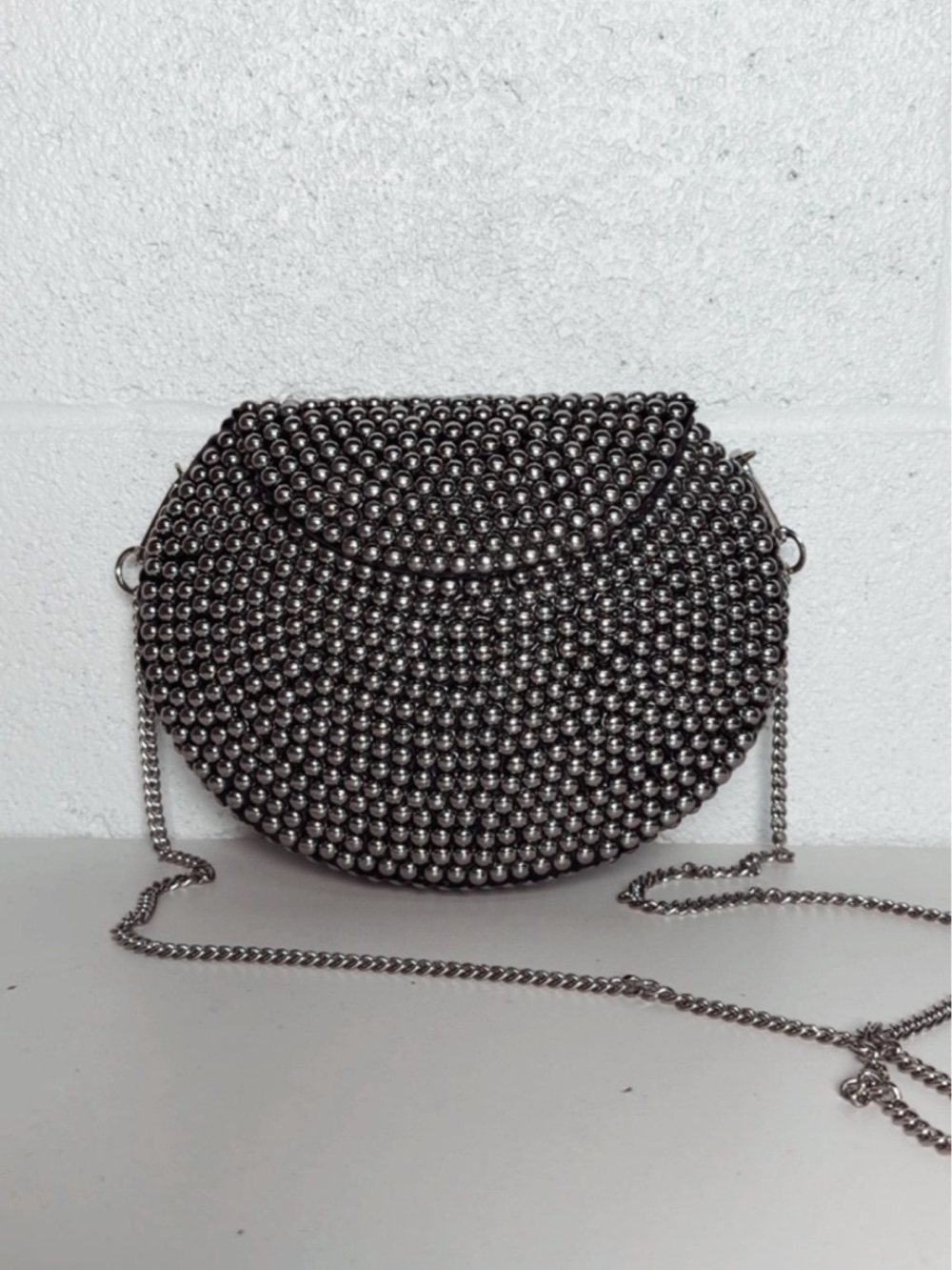 Ramla Rockstar Gunmetal Beaded Crescent Crossbody Bag